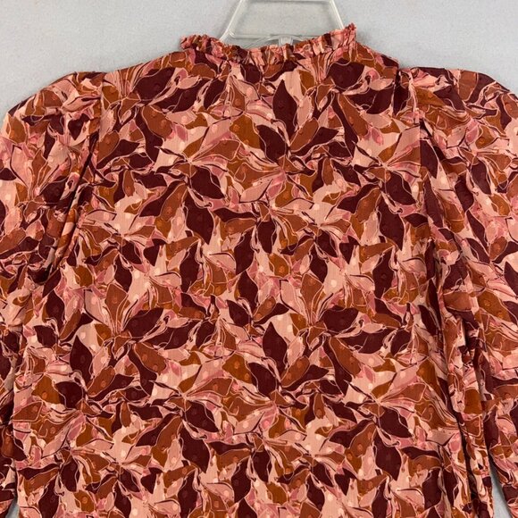 Joie Shirt Womens Large Brown Leaves Boho Sheer Swiss Dot Chiffon Tie Ruffle - Picture 7 of 15